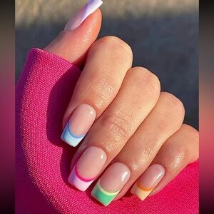 New 24pcs Set False Nails With Flat Head And Multiple Color French Nail Art